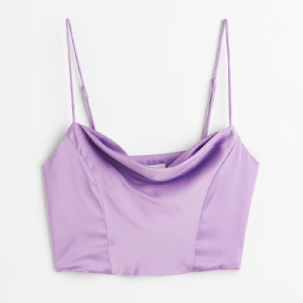 H&M Cowl Neck Corset Feel Satin Like Spaghett Strap Crop Top - Small in Purple